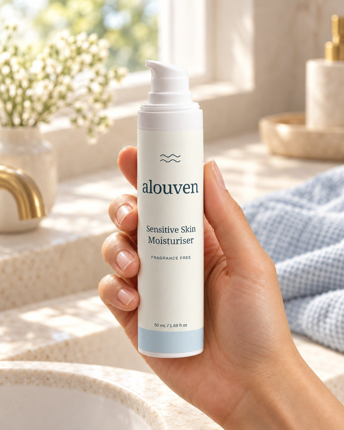 Illustrative lifestyle image of a hand holding Alouven Sensitive Skin Moisturiser