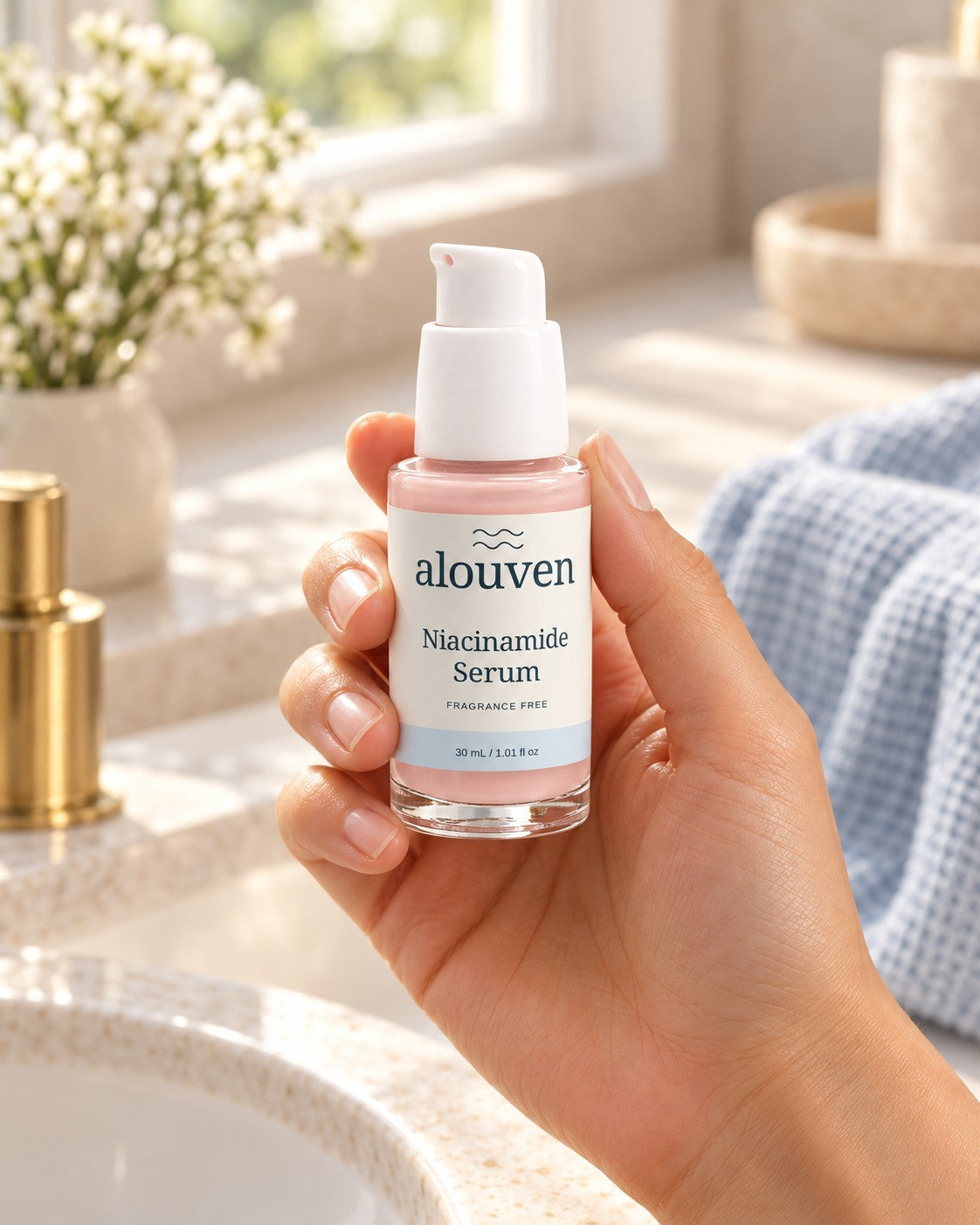 Illustrative lifestyle image of a hand holding Alouven Niacinamide Serum
