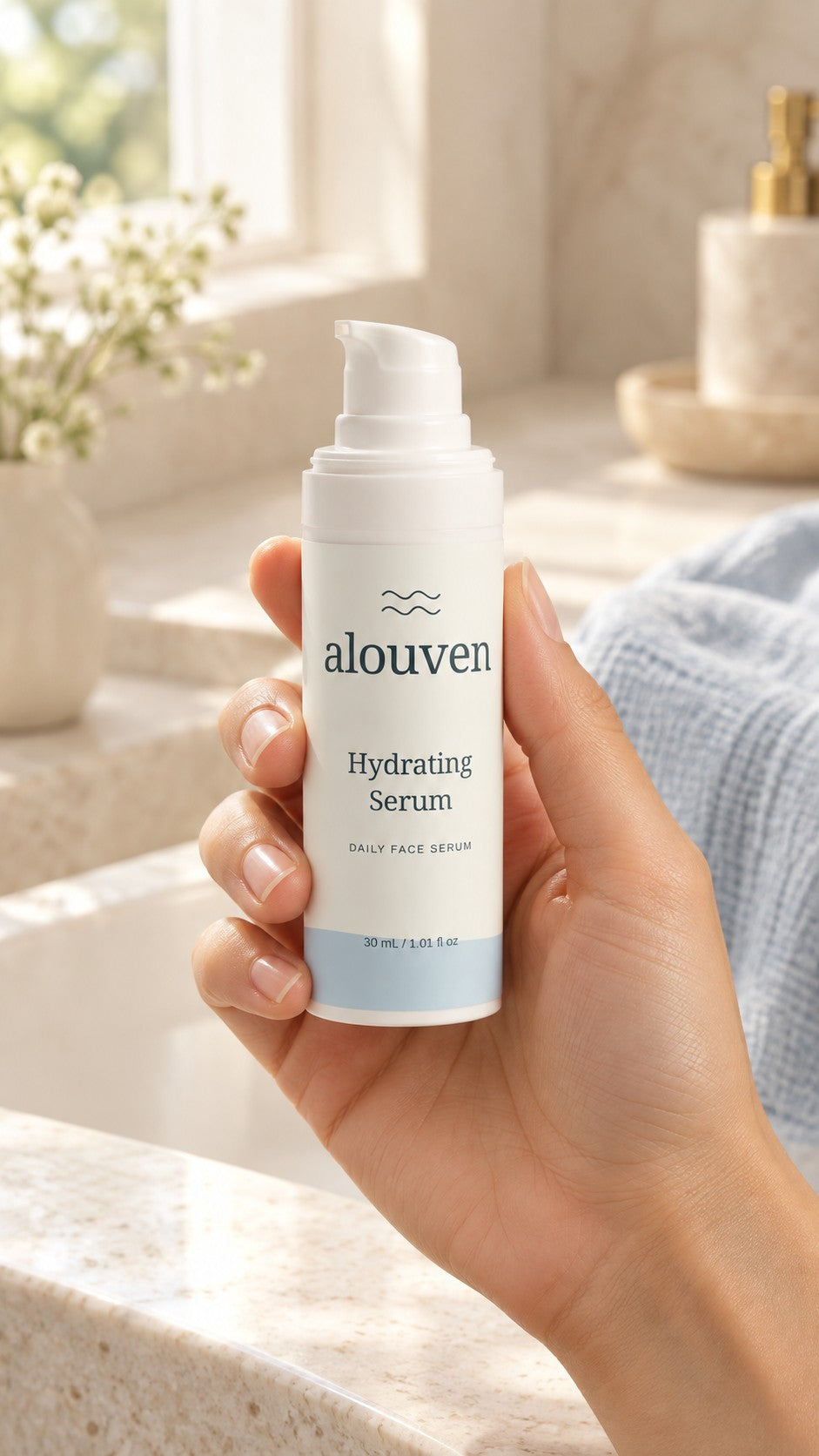 Illustrative lifestyle image of a hand holding Alouven Hydrating Serum