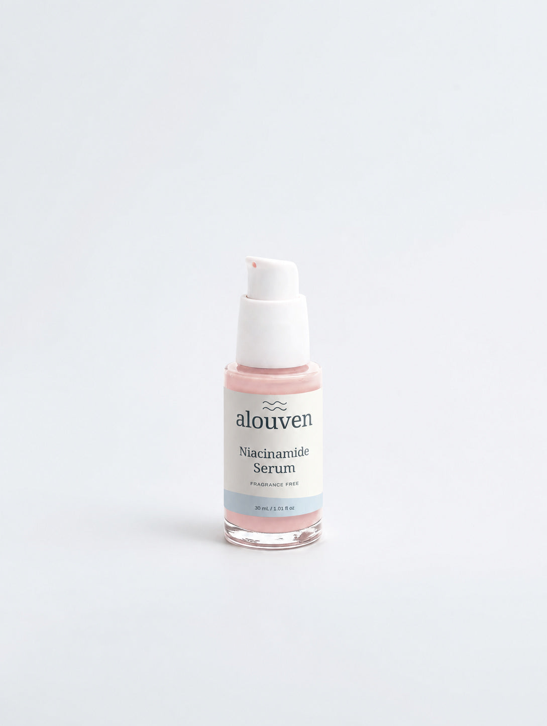 Alouven Niacinamide Serum 30 mL clear glass bottle with white pump, illustrative packaging preview